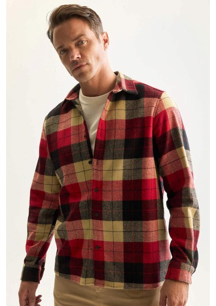 Regular Fit Polo Yaka Kareli Oduncu Flanel Uzun Kollu Gömlek D7190AXNS