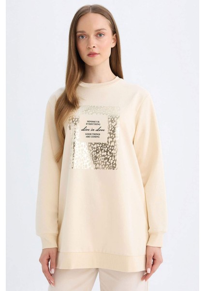 Regular Fit Bisiklet Yaka Parlak Baskılı Sweatshirt Tunik D7569AX24WN