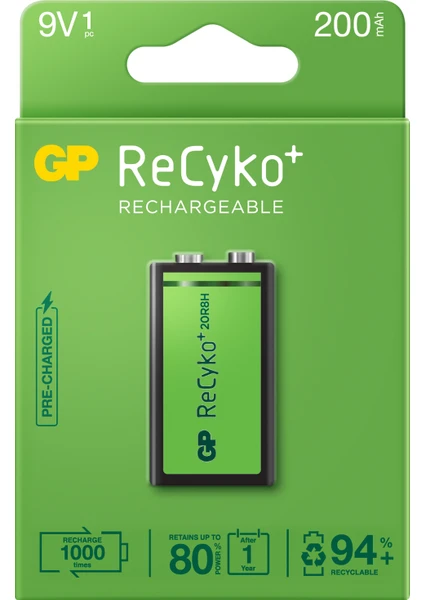 GP Batteries Gp Recyko 200 9V Boy Ni-Mh Şarjlı Pil 8.4 Volt Tekli Kart