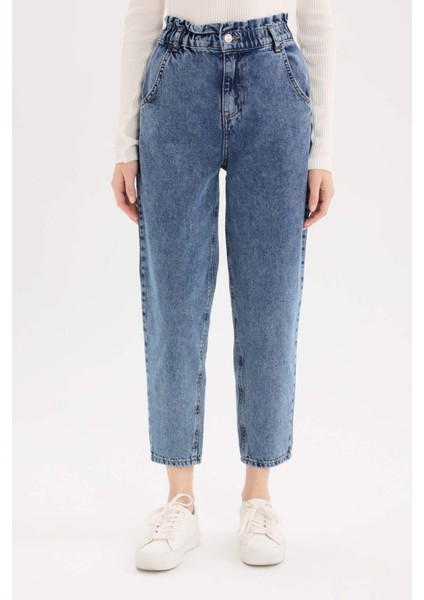 Paperbag Rahat Kesim Yüksek Bel Beli Lastikli Hafif Düz Paça Jean Yıkamalı Pantolon D5886AX24WN
