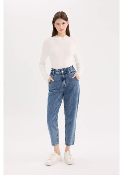 Paperbag Rahat Kesim Yüksek Bel Beli Lastikli Hafif Düz Paça Jean Yıkamalı Pantolon D5886AX24WN
