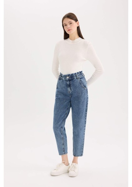 Paperbag Rahat Kesim Yüksek Bel Beli Lastikli Hafif Düz Paça Jean Yıkamalı Pantolon D5886AX24WN