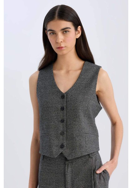 V Yaka Kareli Düğmeli Blazer Yelek D8634AX24AU