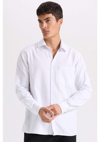 Beyaz Regular Fit Pamuklu Basic Düz Keten Görünümlü Uzun Kollu Gömlek D7079AX24SP