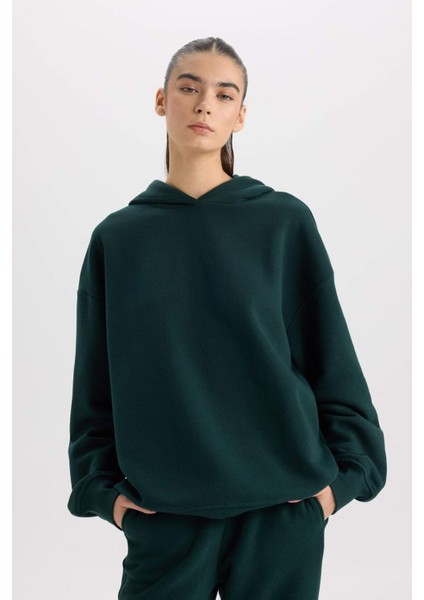Relax Fit Kapüşonlu Kalın Basic Düz Sweatshirt D9935AX24WN