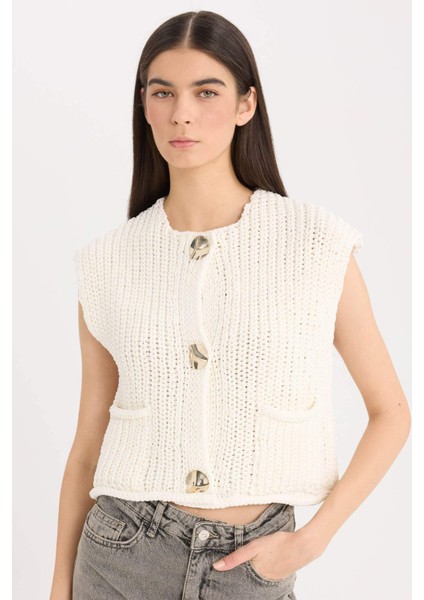 Relax Fit Düğmeli Cepli Triko Yelek E1960AX24WN