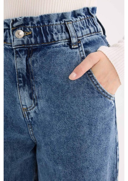 Paperbag Rahat Kesim Yüksek Bel Beli Lastikli Hafif Düz Paça Jean Yıkamalı Pantolon D5886AX24WN