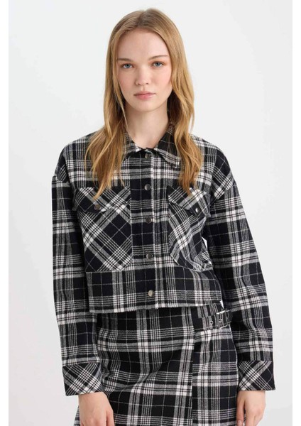 Coool Oversize Geniş Kalıp Crop Cepli Kalın Flanel Uzun Kollu Ceket Gömlek D7914AX24AU fırsatları