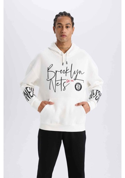 DeFacto Fit NBA Brooklyn Nets Oversize Geniş Kalıp Kapüşonlu Kalın Sporcu Sweatshirt D8513AX25SP