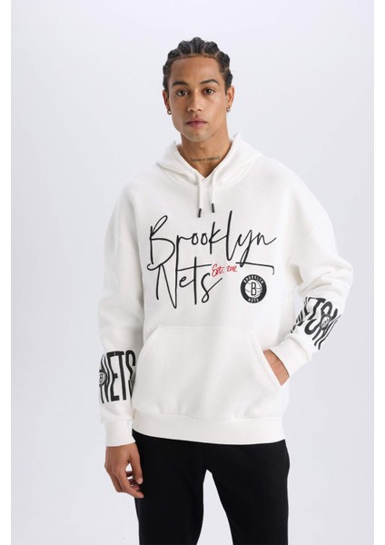 DeFacto Fit NBA Brooklyn Nets Oversize Geniş Kalıp Kapüşonlu Kalın Sporcu Sweatshirt D8513AX25SP