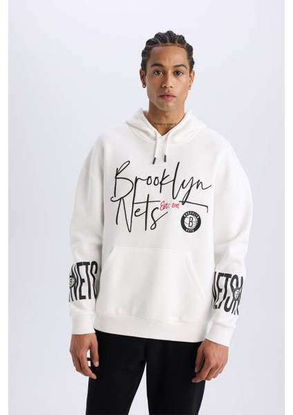 DeFacto Fit NBA Brooklyn Nets Oversize Geniş Kalıp Kapüşonlu Kalın Sporcu Sweatshirt D8513AX25SP