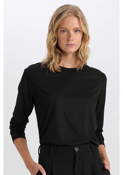 Regular Fit Bisiklet Yaka Basic Düz Casual Uzun Kollu Tişört A5028AX24WN