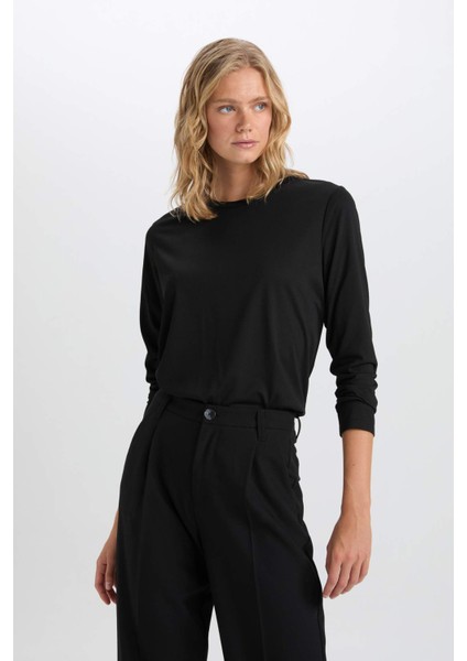 Regular Fit Bisiklet Yaka Basic Düz Casual Uzun Kollu Tişört A5028AX24WN