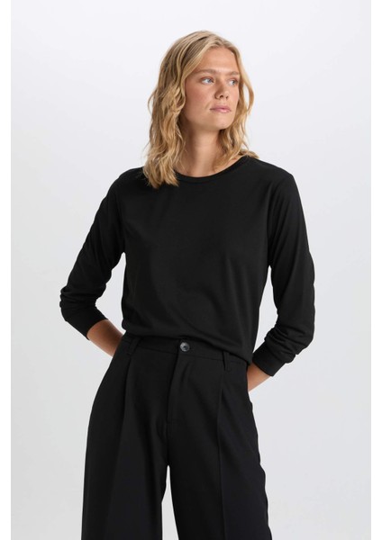 Regular Fit Bisiklet Yaka Basic Düz Casual Uzun Kollu Tişört A5028AX24WN