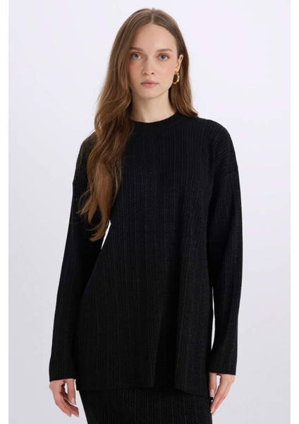 Relax Fit Bisiklet Yaka Basic Düz Triko Kazak Tunik D8633AX24WN