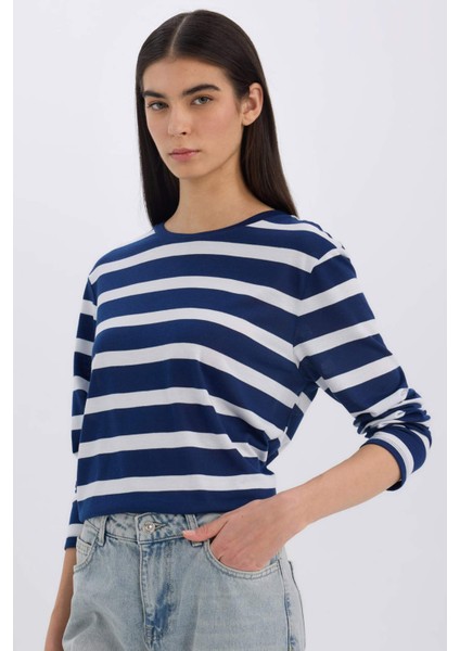 Regular Fit Bisiklet Yaka Çizgili Casual Uzun Kollu Tişört A9442AX24WN