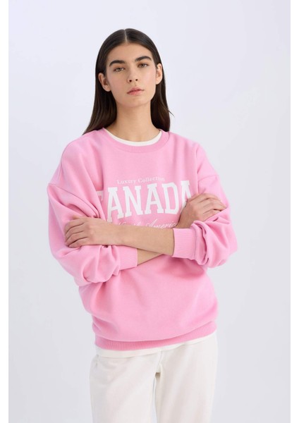 Oversize Geniş Kalıp Bisiklet Yaka Baskılı Kalın Sweatshirt D9805AX24WN