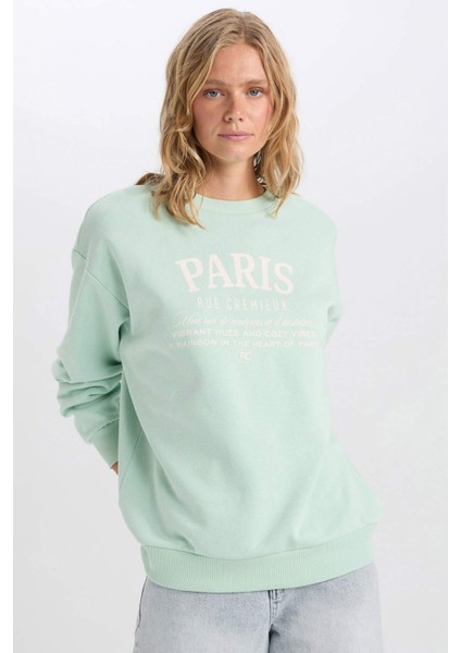 Oversize Geniş Kalıp Bisiklet Yaka Baskılı Kalın Sweatshirt D9804AX24WN