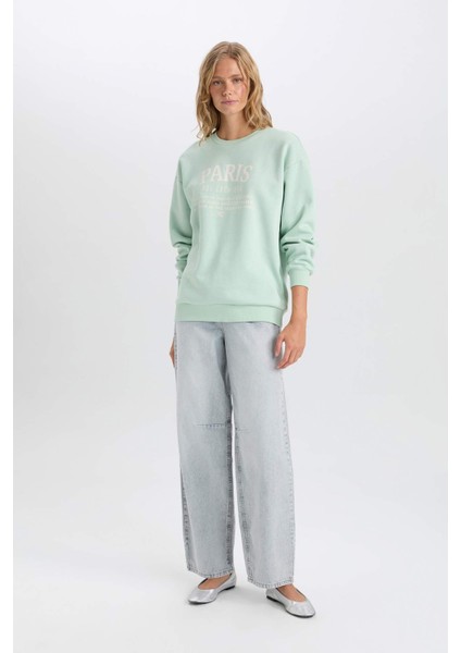 Oversize Geniş Kalıp Bisiklet Yaka Baskılı Kalın Sweatshirt D9804AX24WN