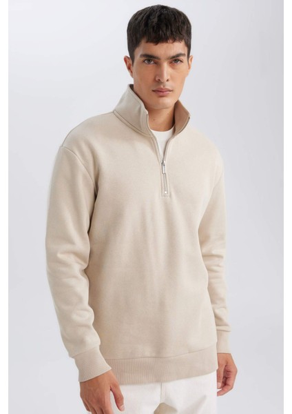 3 İplik Pamuklu Şardonlu İçi Polarlı Comfort Regular Fit Rahat Kalıp Dik Yaka Fermuarlı Kalın Sweatshirt D9067AXNS