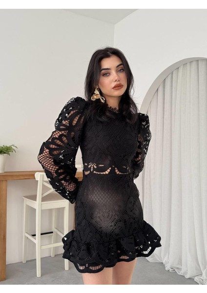 Tasarım Dantel Güpür Mini Elbise