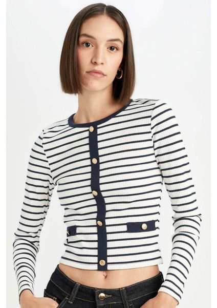 Slim Fit Dar Kesim Bisiklet Yaka Çizgili Düğmeli Smart Fitilli Kaşkorse Uzun Kollu Tişört D5115AX24AU