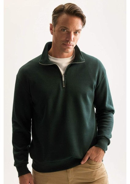 3 İplik Pamuklu Şardonlu İçi Polarlı Comfort Regular Fit Rahat Kalıp Dik Yaka Fermuarlı Kalın Sweatshirt D9067AXNS