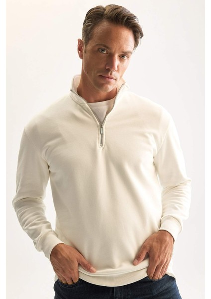 3 İplik Pamuklu Şardonlu İçi Polarlı Comfort Regular Fit Rahat Kalıp Dik Yaka Fermuarlı Kalın Sweatshirt D9067AXNS