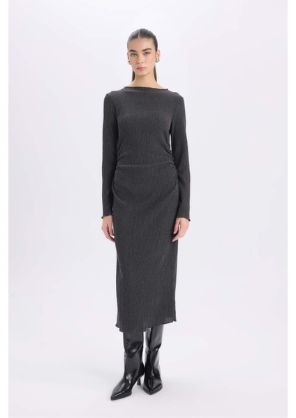 Bodycon Vücudu Saran Yarım Balıkçı Yaka Basic Düz Bürümcük Uzun Kollu Midi Elbise D8643AX24AU