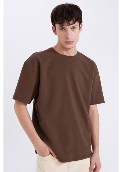 Oversize Geniş Kalıp Bisiklet Yaka Kısa Kollu Basic Düz Ağır Kumaş Tişört X3926AZ24AU