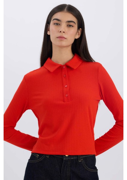 Slim Fit Dar Kesim Polo Yaka Fitilli Kaşkorse Uzun Kollu Tişört D8720AX24AU