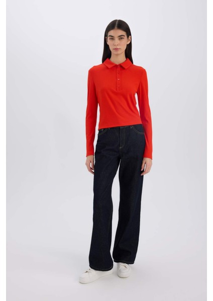 Slim Fit Dar Kesim Polo Yaka Fitilli Kaşkorse Uzun Kollu Tişört D8720AX24AU fiyatları