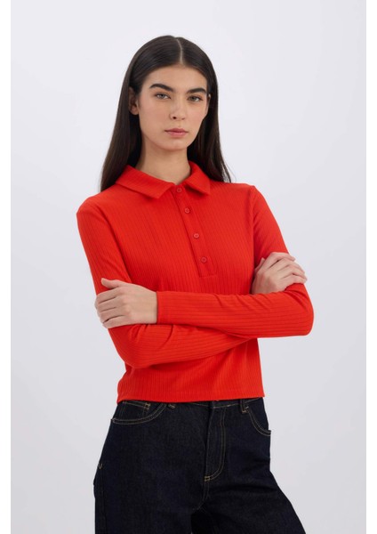 Slim Fit Dar Kesim Polo Yaka Fitilli Kaşkorse Uzun Kollu Tişört D8720AX24AU modelleri