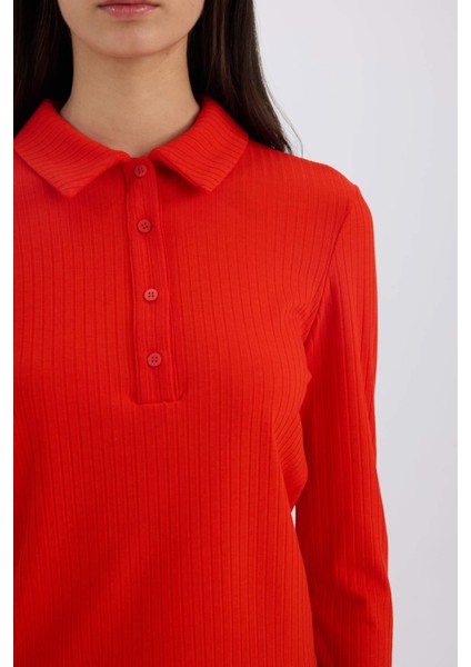Slim Fit Dar Kesim Polo Yaka Fitilli Kaşkorse Uzun Kollu Tişört D8720AX24AU fırsatları