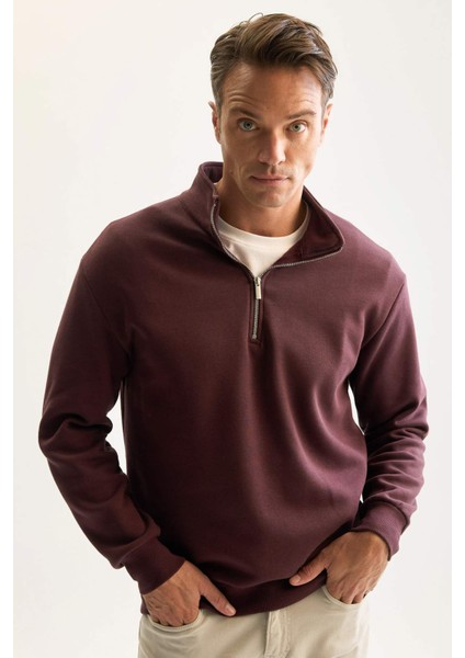3 İplik Pamuklu Şardonlu İçi Polarlı Comfort Regular Fit Rahat Kalıp Dik Yaka Fermuarlı Kalın Sweatshirt D9067AXNS