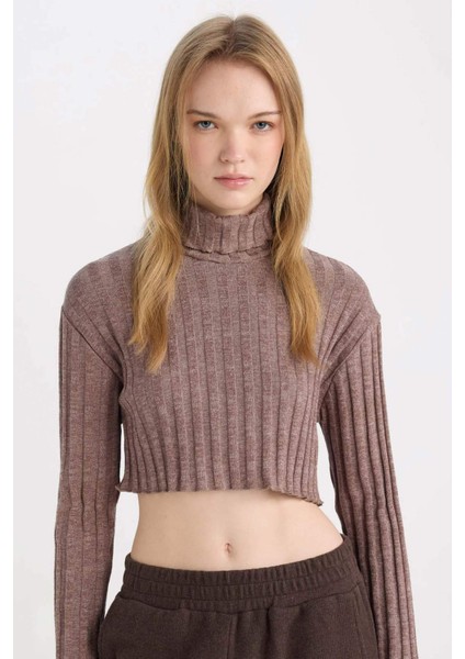 Coool Balıkçı Yaka Crop Top Basic Düz Fitilli Kaşkorse Uzun Kollu Tişört E1673AX24WN