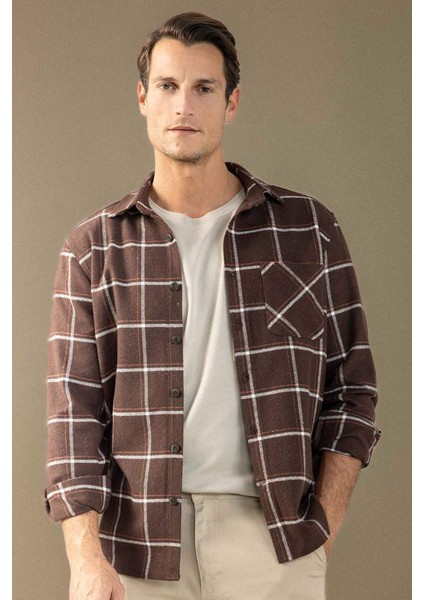 Regular Fit Polo Yaka Kareli Flanel Uzun Kollu Gömlek E2763AX24WN