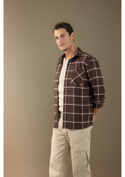 Regular Fit Polo Yaka Kareli Flanel Uzun Kollu Gömlek E2763AX24WN modelleri