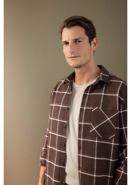 Regular Fit Polo Yaka Kareli Flanel Uzun Kollu Gömlek E2763AX24WN fırsatları
