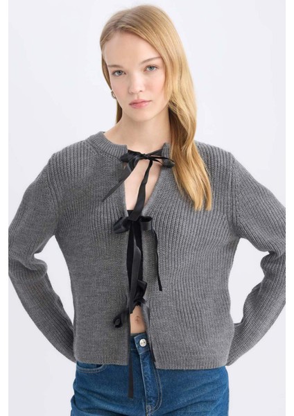 Regular Fit Bisiklet Yaka Bağlamalı Triko Hırka E2271AX24CW