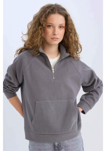Oversize Geniş Kalıp Basic Düz Kanguru Cepli Fermuarlı Polo Yaka Sweatshirt E0741AX24WN