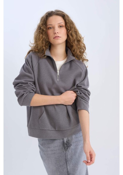 Oversize Geniş Kalıp Basic Düz Kanguru Cepli Fermuarlı Polo Yaka Sweatshirt E0741AX24WN