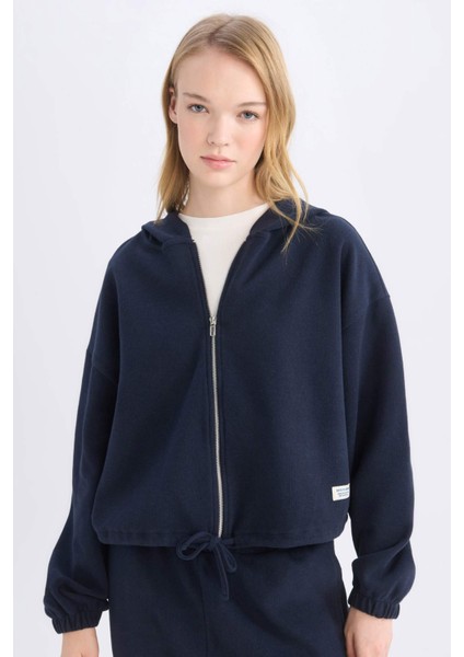 Coool Loose Fit Basic Düz Kapüşonlu Fermuarlı Sweatshirt E1464AX24WN