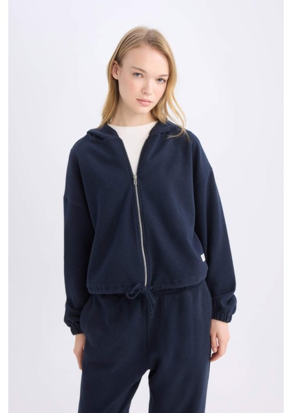 Coool Loose Fit Basic Düz Kapüşonlu Fermuarlı Sweatshirt E1464AX24WN fırsatları