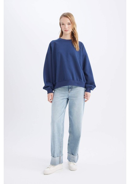 Coool Oversize Geniş Kalıp Bisiklet Yaka Kalın Basic Düz Sweatshirt A4177AX24WN