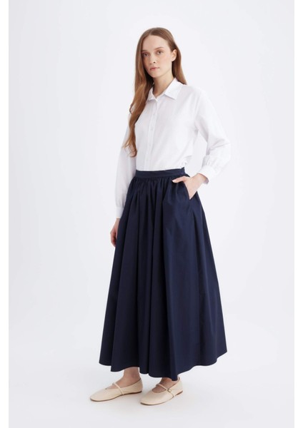 A Kesim Beli Fermuarlı Basic Düz Poplin Kumaş Maxi Etek E0464AX24AU