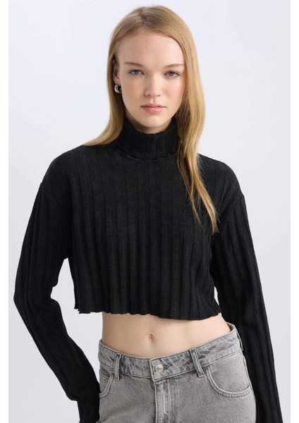 Coool Balıkçı Yaka Crop Top Basic Düz Fitilli Kaşkorse Uzun Kollu Tişört E1673AX24WN