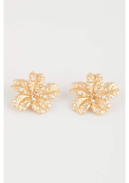 Kadın Çiçek Motifli İncili Mat Gold Küpe E1310AXNS fiyatları