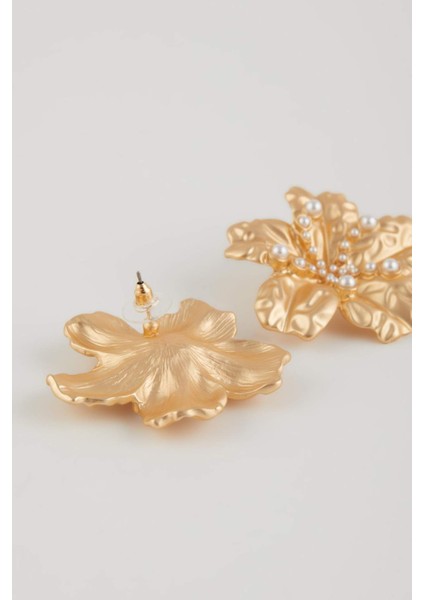 Kadın Çiçek Motifli İncili Mat Gold Küpe E1310AXNS modelleri