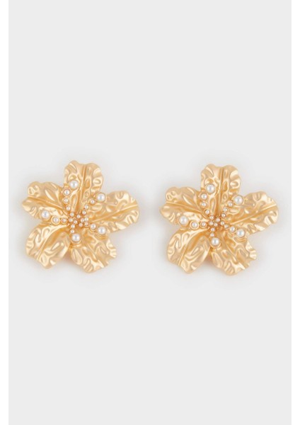 Kadın Çiçek Motifli İncili Mat Gold Küpe E1310AXNS fırsatları